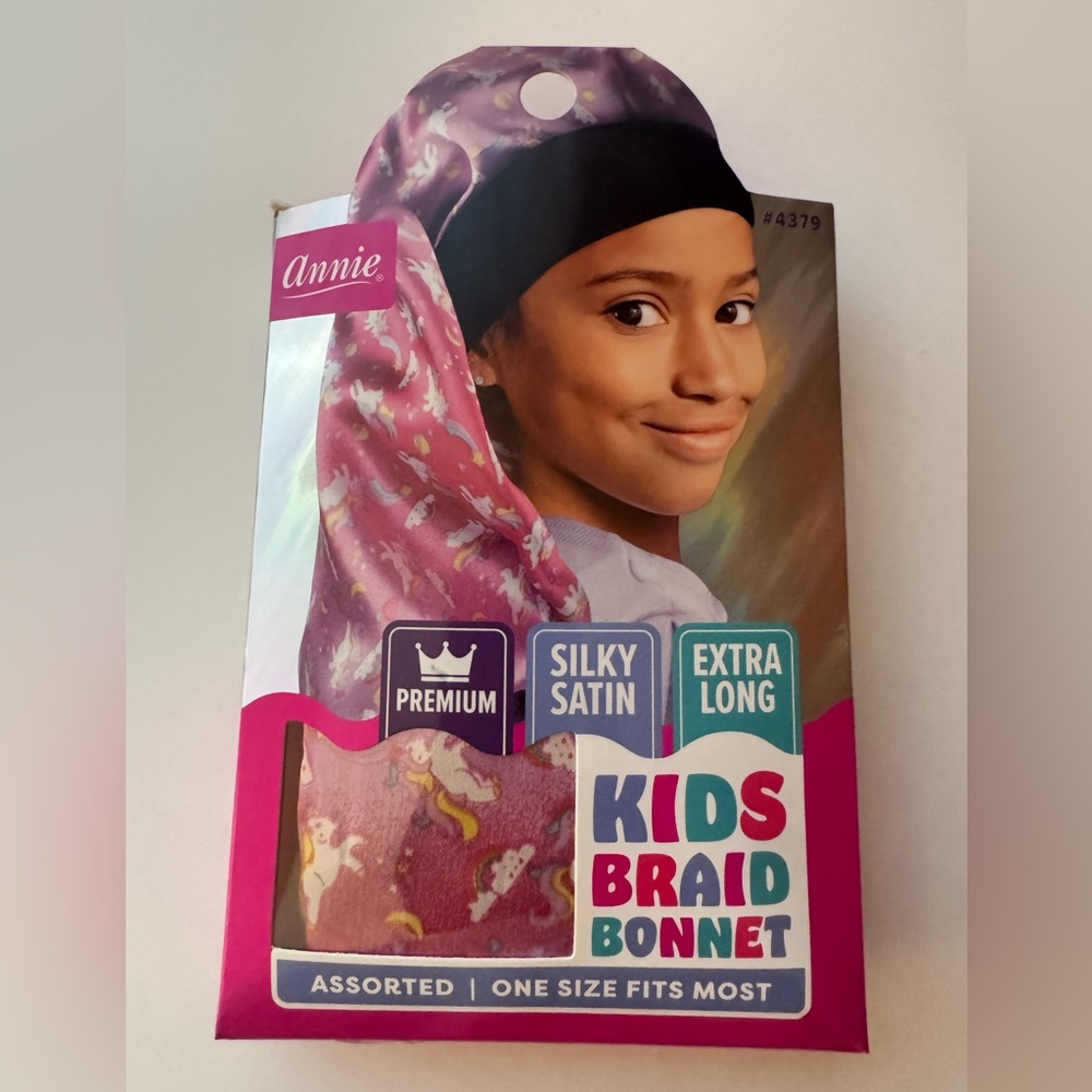 Annie Silky Satin Kids Braid Bonnet - Pink with Unicorns